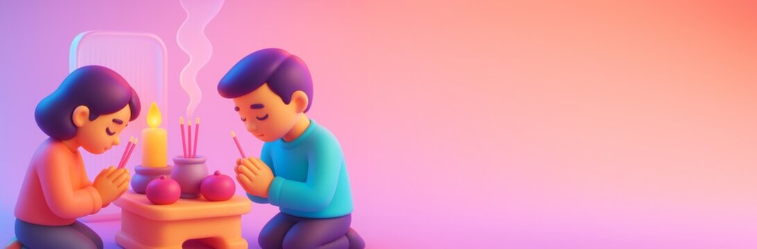 Children praying with incense near altar in cultural setting with glowing candle and offerings on soft gradient background, ideal for banner or poster. Ai generative