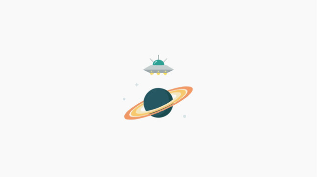 Ufo Floating Above a Planet in Outer Space, Cute Cartoon Style with Bright Lights for Sci-Fi Marketing and Innovation Ideas