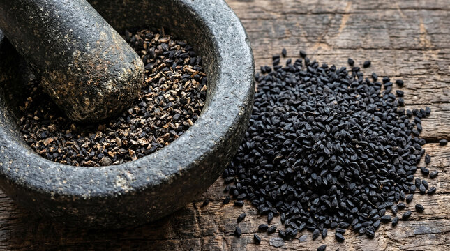 Black Cumin Seeds in Stone Mortar and Pestle on Rustic Wood Surface