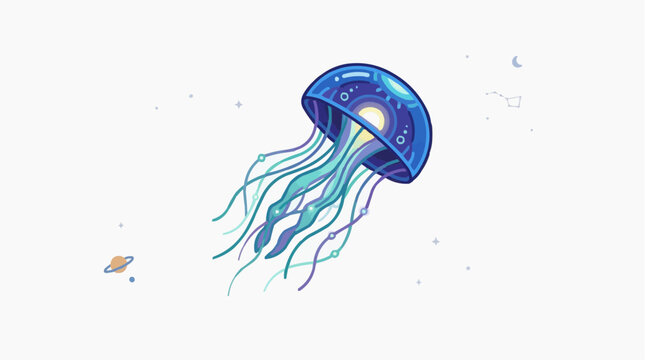 Jellyfish Floating in Space with Stars and Sparkles, Cute Alien Marine Creature for Science, Exploration, and Futuristic Technology Concepts