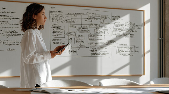 Ethics committee whiteboard in a startup office showing a decision tree mapping growth tactics against user trust metrics, a lone strategist photographing the diagram with a