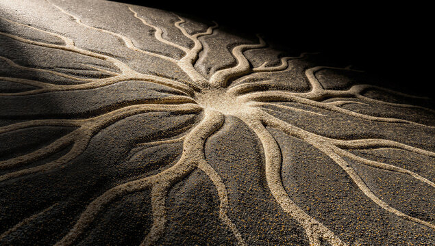 Macro Close-Up of Stunning Chladni Sand Cymatics Pattern with Radial Star Formation on Dark Black Vibrating Plate Surface, Acoustic Sound Frequency and Physics Science Concept Photography