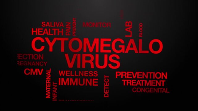 Cytomegalovirus CMV concept Animated Tag Word Cloud kinetic typography, Text Design Animation typography seamless loop video motion graphics Intro Wordart arrangement red type on black background bg b