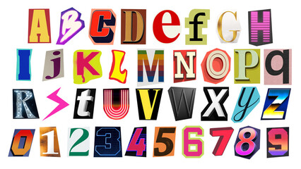 Colorful ransom note alphabet and numbers set isolated on black background, mixed cutout letters with visible halftone texture and collage style for poster design, zine artwork, music cover or creativ © The Stock King