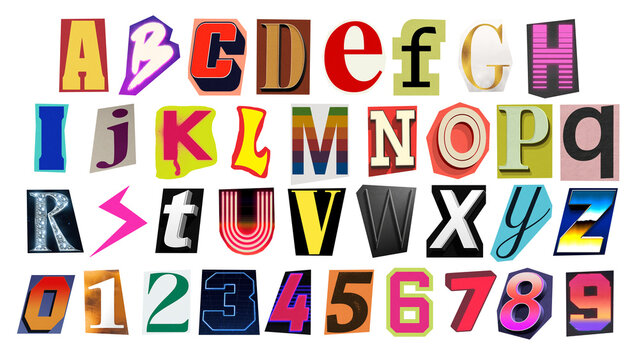 Colorful ransom note alphabet and numbers set isolated on black background, mixed cutout letters with visible halftone texture and collage style for poster design, zine artwork, music cover or creativ