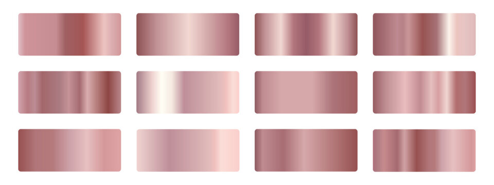 Rose gold metallic gradient swatch collection. rectangles with linear reflection. T