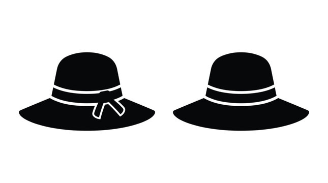 Two sun hats with ribbons black and white silhouette