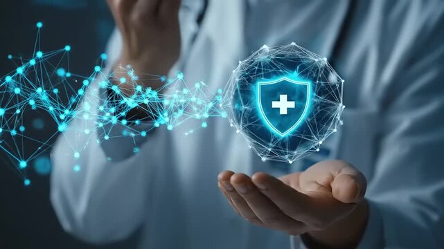 Healthcare professional interacting with digital medical shield.