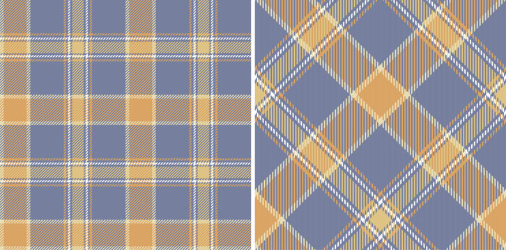Purple yellow seamless check plaid pattern design for textile, fabrics, print, wallpaper, wrapping, garments, blanket, decoration and background. Elegant trendy Scottish tartan vector texture.