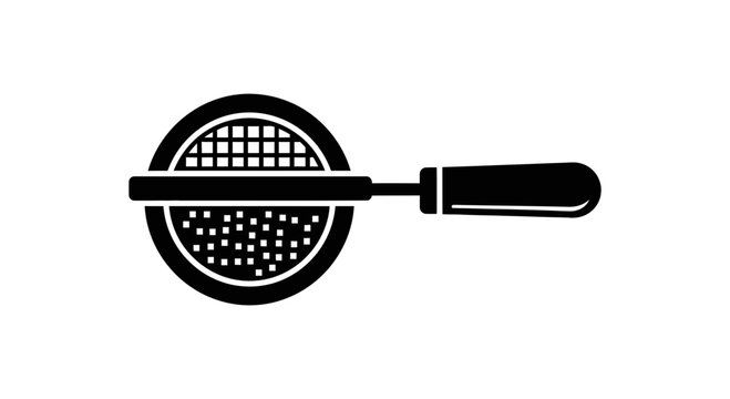 Kitchen strainer icon with a fine mesh screen represents essential culinary tools and home cooking processes in a simple black and white vector illustration suitable for food and beverage media.