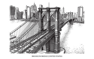 Brooklyn Bridge and New York City Skyline, Detailed Vintage Urban Landscape Engraving © trianatio
