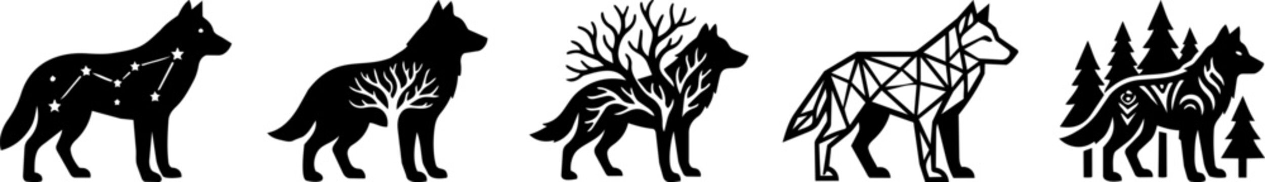 Setoffiveabstractblackwolfsilhouetteswithvariousdesignsandpatternsonwhitebackground