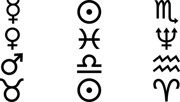 Astrology and Astronomy Symbol Set with Zodiac Signs and Planet Glyphs for Esoteric Minimalist Logo Designs Magic Posters and Spiritual Website Interface Layouts