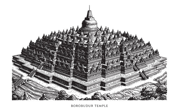 Borobudur Temple Java Indonesia, Detailed Vintage Buddhist Architecture Woodcut