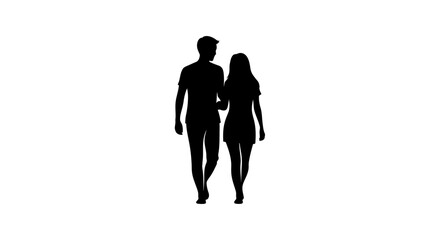 Couple silhouette stands together as they walk forward in a romantic gesture on a clean white background. © Berkah