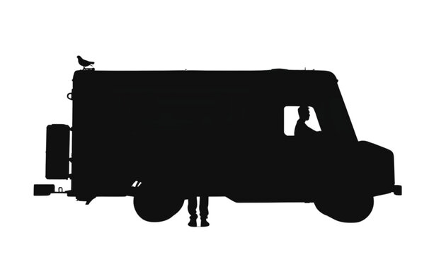 Truck silhouette displays a side profile of a delivery vehicle with a small bird resting on top.