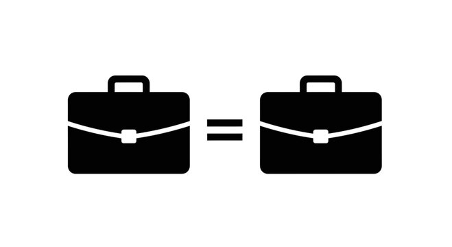 Briefcases paired with an equals sign represent the concept of professional equality and standardized corporate compensation.