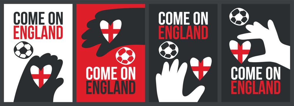 Come On England Soccer Fan Poster Set with Silhouette Hands Heart Shaped St George Cross Flag and Football Elements