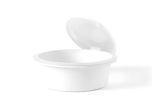 A white plastic container with its lid slightly ajar sits on a clean surface.
