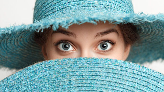 Close up portrait of surprised shy woman eyes, hiding behing a blue turquoise large straw hat, fun summer fashion and accessory