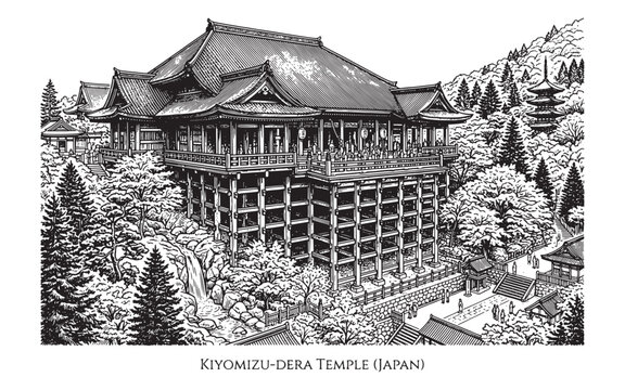 Kiyomizu Dera Temple Kyoto Japan, Detailed Vintage Woodcut Architecture Art