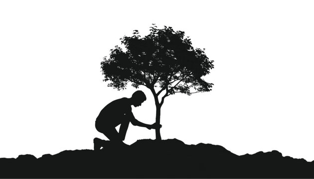 Volunteer kneels to plant a young sapling in the earth to promote environmental restoration.