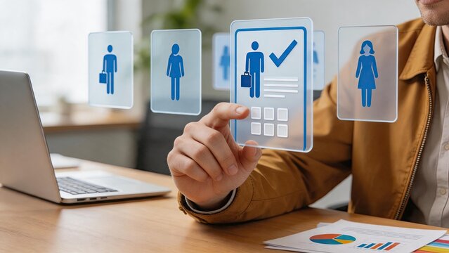 HR manager selecting employee profiles on virtual screen, recruitment and hiring process visualization, human resources management system for talent acquisition and workforce