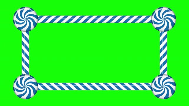 Rectangle candy cane frame animation with blue and white striped lollipop pattern. Perfect for holiday decoration. Winter holidays theme. 4K animation