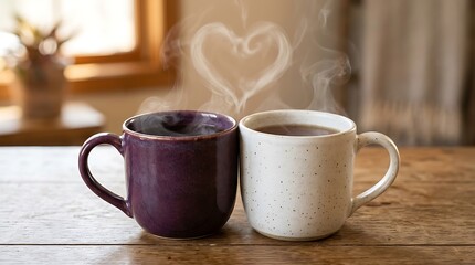 Fototapeta premium Two steaming mugs with heart shaped steam on rustic wooden table