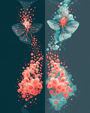 Medium shot focusing on a sidebyside comparison of healthy and hypothyroid thyroid cells using coral and teal accents to illustrate differences in hormone production pathways in