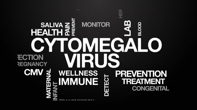 Cytomegalovirus CMV concept Animated Tag Word Cloud kinetic typography, Text Design Animation typography seamless loop video motion graphics Intro Wordart arrangement white type on black background bg