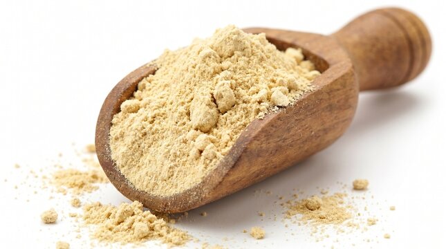 Yellow Powder Supplement in Wooden Bowl on White Background