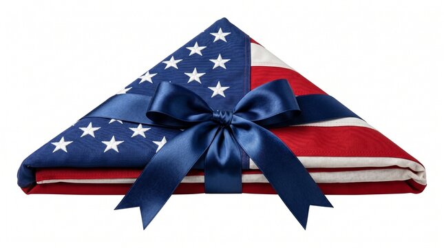 Folded American Flag in Triangle Shape with Satin Blue Ribbon Bow Isolated on White Memorial Day Concept