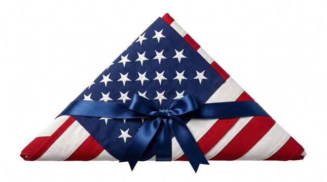 Folded American Flag in Triangle Shape with Blue Ribbon Bow Isolated on White Background Memorial Concept