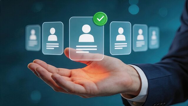 Businessman hand presenting selected user profile with green checkmark, recruitment, hiring, candidate selection, human resources management concept.