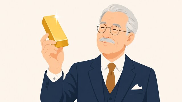 金塊を手にする老紳士が満足げな表情で富と成功を象徴するポートレート