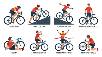 Naklejka premium Set of flat vector illustrations showing various cycling activities and poses for active people.