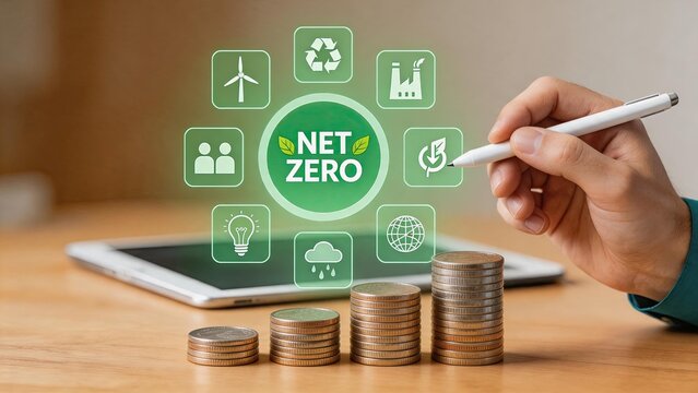 Hand drawing net zero icon on tablet with green energy symbols and growing coin stacks representing sustainable investment.