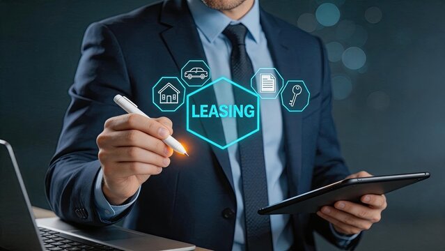 Business professional drawing leasing concept with glowing hexagon icons of house car key and document on tablet, symbolizing rental services, property management, and financial