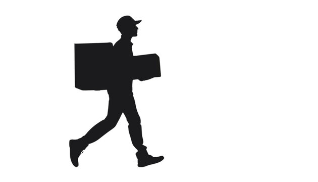 Delivery person moves quickly while holding multiple shipping boxes in a simple black silhouette style.