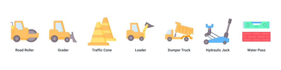 Road Work web banner icon vector illustration with Road Roller, Grader, Traffic Cone, Loader, Dumper Truck, Hydraulic Jack and Water Pass © Arjuna