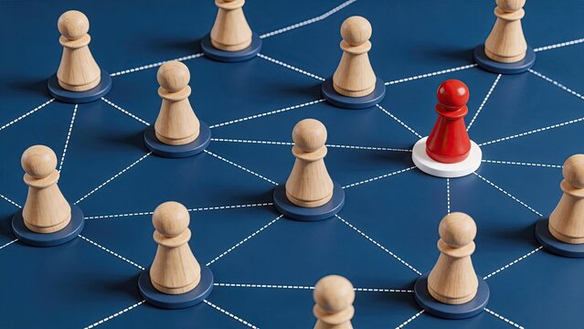 Chess pawns connected by network lines with one red leader piece, business leadership, team management, organizational structure, hierarchy and strategic networking concept on