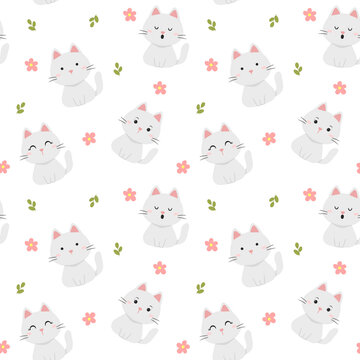 Cute hand drawn white cat seamless pattern