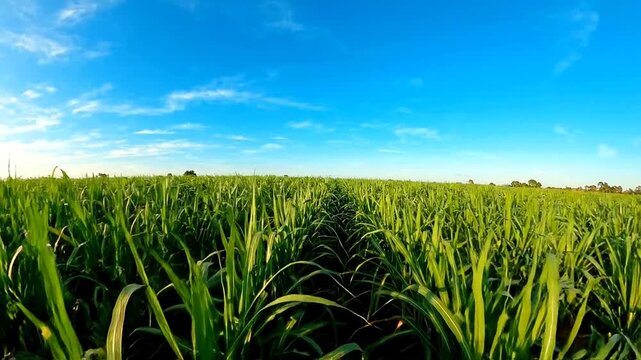 Expansive Green Cornfield in Motion Under Bright Blue Sky Sunlit Agricultural Landscape Serene Natural Growth