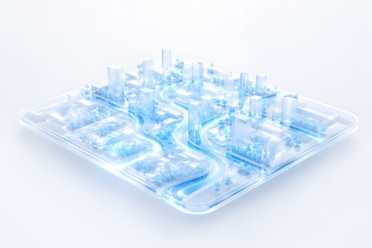 Smart city isometric grid blueprint model with glowing blue light trails transparent buildings