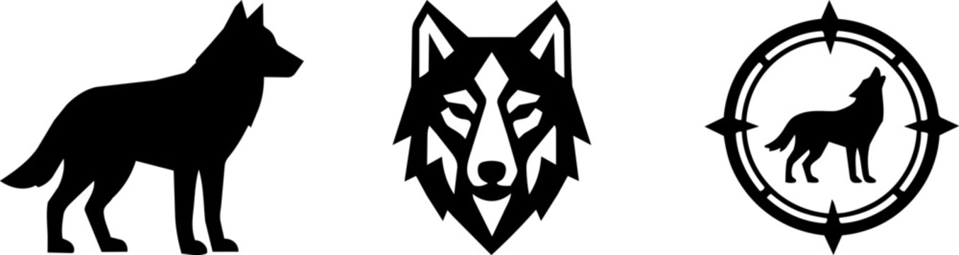 Wolf silhouettes and head logo designs with standing and howling wolves in black on white background  wolf graphics and icons