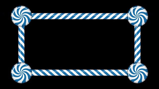 Rectangle candy cane frame animation with blue and white striped lollipop pattern. Perfect for holiday decoration. Winter holidays theme. 4K animation. Transparent background with alpha channel
