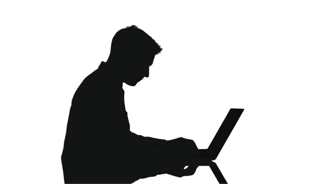 Businessman works on a laptop computer while sitting in a bright office environment depicted as a simple black silhouette.