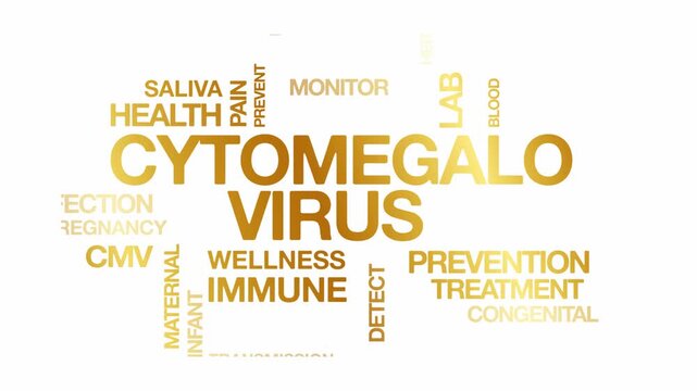 Cytomegalovirus CMV concept Animated Tag Word Cloud kinetic typography, Text Design Animation typography seamless loop video motion graphics Intro Wordart arrangement golden type on white background b