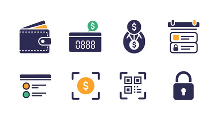 Fototapeta premium Digital Payment Icons: Wallet, Card, QR Code, Security, Finance